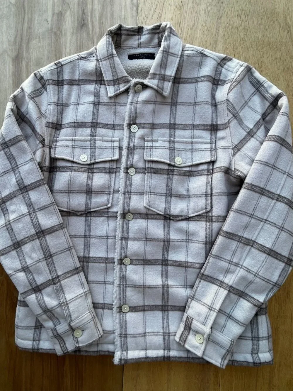 ALL SAINTS VEDDER CHECKED BORG LINED SHIRT JACKET Men’s sz M Taupe NEW $299